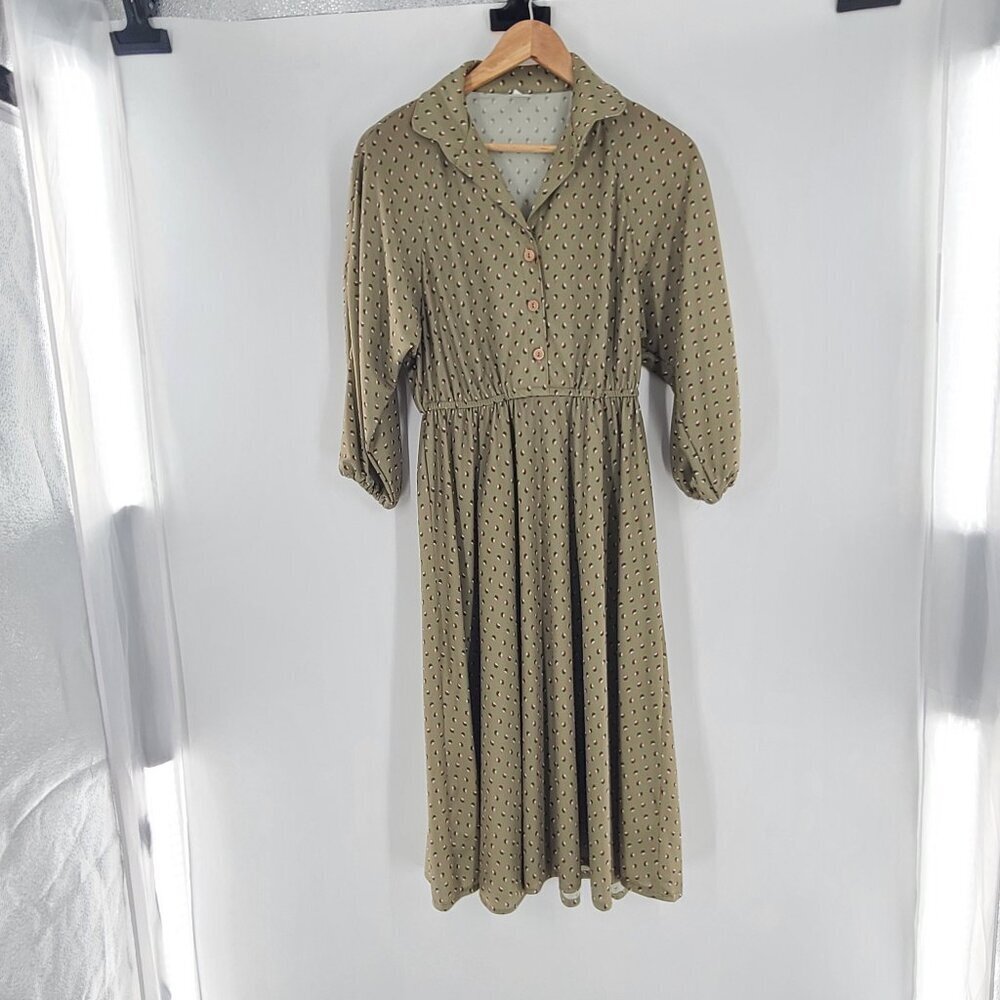 VINTAGE 1975S/1980S NOVELTY PRINT DRESS single‎ stitch Union Made Half Button